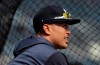 FILE - In this Saturday, March 30, 2019, file photo, New York Yankees right fielder Giancarlo Stanton watches batting practice before a baseball game against the Baltimore Orioles, in New York. Stanton is set to come off the injured list for a game against the Rays. Stanton has been sidelined since March 31 with biceps, shoulder and calf injuries, but seemed ready for a return during a minor league rehab start with four homers in five games. (AP Photo/Julie Jacobson, File)