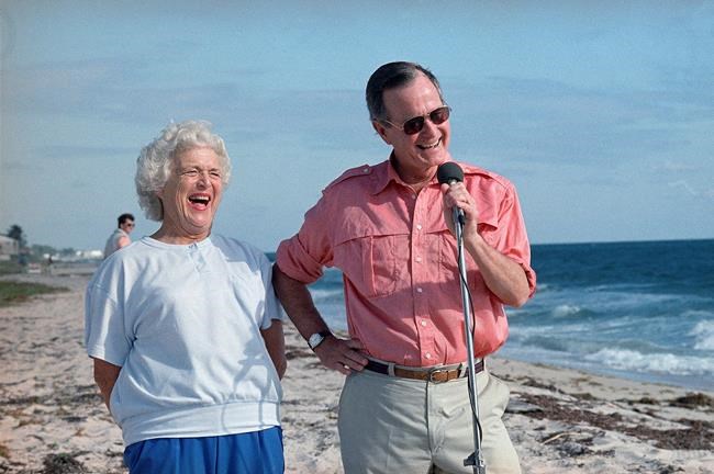(AP Photo/Kathy Willens, File)
In this Nov. 14, 1988, file photo, President-elect George H.W. Bush and his wife, Barbara, are shown during a morning beachfront news conference in Gulf Stream, Fla.