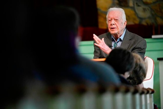 In this Sunday, Nov. 3, 2019, file photo, former President Jimmy Carter teaches Sunday school at Maranatha Baptist Church, in Plains, Ga. Nearly four decades after he left office and despite a body that’s failing after 95 years, the nation’s oldest-ever ex-president still teaches Sunday school roughly twice monthly at the church. (AP Photo/John Amis, File)