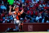 File-This Sept. 23, 2018, file photo shows San Francisco Giants catcher Nick Hundley taking up his position during the seventh inning of a baseball game against the St. Louis Cardinals in St. Louis. The Oakland Athletics added depth at catcher on Monday, Feb. 11, 2019, agreeing to a minor league contract with Hundley. If added to the 40-man roster, the 35-year-old would get a one-year contract paying a $1.25 million salary while in the major leagues. (AP Photo/Jeff Roberson, File)