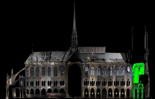 This image provided by Vassar College on Thursday, April 18, 2019 shows a 3D map of Notre Dame cathedral. Images by the late associate art professor Andrew Tallon, who used lasers to scan Notre Dame to offer a detailed survey of the cathedral. Tallon did the work to try to get into the minds of the buildings, to figure out what made the structure stand up. (Andrew Tallon/Vassar College via AP)
