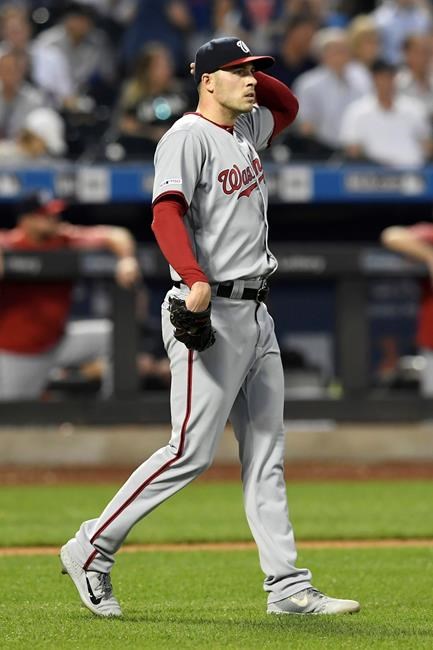 Washington Nationals starting pitcher Patrick Corbin reacts after allowing two runs during the third inning of a baseball game against the New York Mets, Monday, May 20, 2019, in New York. (AP Photo/Sarah Stier)
