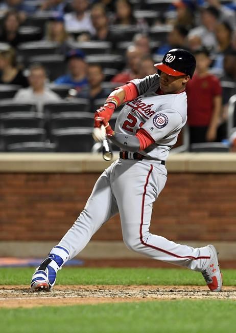 Washington Nationals' Juan Soto flies out to right field during the fifth inning of a baseball game against the New York Mets, Monday, May 20, 2019, in New York. (AP Photo/Sarah Stier)