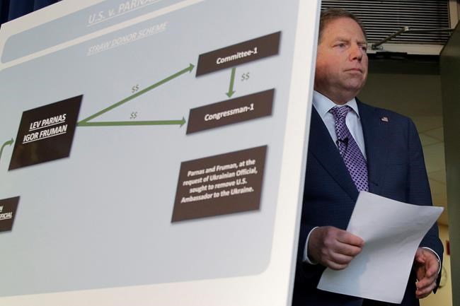 U.S. Attorney for the Southern District of New York Geoffrey Berman arrives for a news conference in New York, Thursday, Oct. 10, 2019. Two Florida businessmen tied to President Donald Trump's lawyer and the Ukraine investigation were charged Thursday with federal campaign finance violations. The charges relate to a $325,000 donation to a group supporting Trump's reelection. (AP Photo/Seth Wenig)