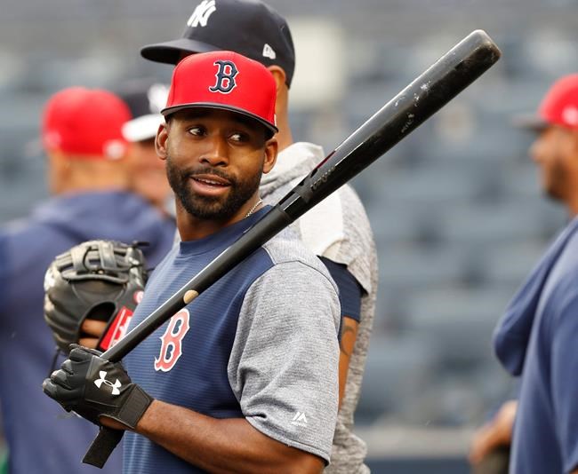 Boston Red Sox center fielder Jackie Bradley Jr. wait his turn to take batting practice after their baseball game against the New York Yankees was postponed due an impending storm, Thursday, May 30, 2019, in New York. (AP Photo/Kathy Willens)