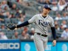 Tampa Bay Rays starting pitcher Blake Snell reacts after walking a batter during the first inning of a baseball game against the New York Yankees at Yankee Stadium, Wednesday, June 19, 2019, in New York. (AP Photo/Seth Wenig)