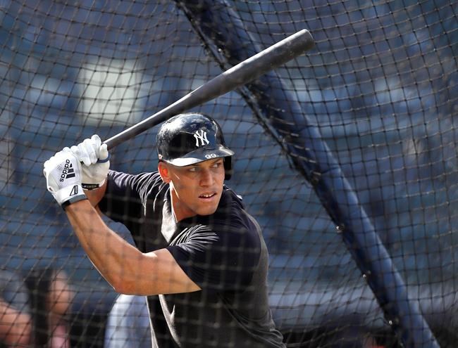 New York Yankees' Aaron Judge takes batting practice before a baseball game against the Houston Astros, Friday, June 21, 2019, in New York. (AP Photo/Kathy Willens)