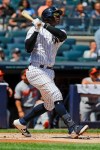 New York Yankees' Didi Gregorius follows through on a three-run home run during the first inning of the first game of a baseball doubleheader against the Baltimore Orioles, Monday, Aug. 12, 2019, in New York. (AP Photo/Frank Franklin II)