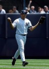 Former New York Yankees player Mariano Rivera reacts after catching a fly ball in the outfield during the Old Timers' Day game at Yankee Stadium, Sunday, June 23, 2019, in New York. (AP Photo/Seth Wenig)