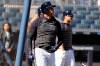 New York Yankees' Aaron Hicks takes batting practice at Yankee Stadium Thursday, Oct. 10, 2019, New York. The Yankees will play the winner of tonight's Tampa Bay Rays at Houston Astros American League Division Series game in Game 1 of the American League Championship Series on Saturday, Oct. 12 in New York. (AP Photo/Frank Franklin II)
