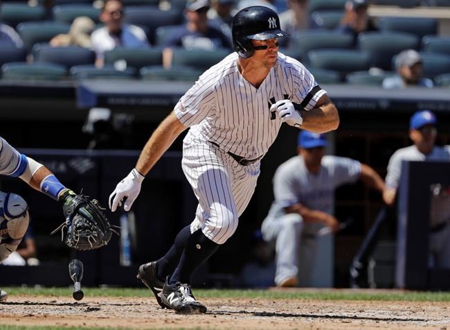 New York Yankees' Brett Gardner follows through on a single during the fifth inning of a baseball game against the Toronto Blue Jays Saturday, July 13, 2019, in New York. (AP Photo/Frank Franklin II)