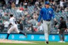Kansas City Royals relief pitcher Heath Fillmyer, right, looks on as New York Yankees' Aaron Judge, left, runs the bases after hitting a solo home run off him during the first inning of a baseball game, Saturday, April 20, 2019, in New York. (AP Photo/Julio Cortez)
