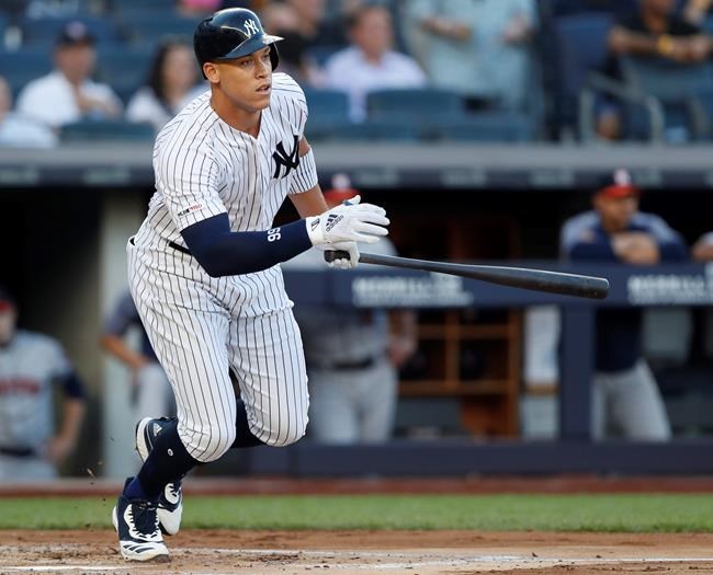 New York Yankees' Aaron Judge leaves the batter's box as he grounds out during the first inning of the team's baseball game against the Houston Astros, Friday, June 21, 2019, in New York. (AP Photo/Kathy Willens)