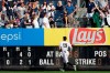 New York Yankees right fielder Aaron Judge (99) watches as fans catch a solo home run hit by Texas Rangers' Jose Trevino during the fifth inning of a baseball game Monday, Sept. 2, 2019, in New York. (AP Photo/Adam Hunger)