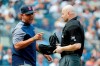 Boston Red Sox manager Alex Cora, left, reacts to umpire Mike Estabrook during a baseball game against the New York Yankees in the fourth inning, Saturday, Aug. 3, 2019, in New York. (AP Photo/Michael Owens)