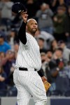 New York Yankees starting pitcher CC Sabathia gestures to fans as he leaves during the third inning of the team's baseball game against the Los Angeles Angels on Wednesday, Sept. 18, 2019, in New York. (AP Photo/Frank Franklin II)