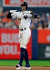 New York Yankees' Cameron Maybin reacts after hitting a two-run double during the fifth inning of the team's baseball game against the Houston Astros on Thursday, June 20, 2019, in New York. (AP Photo/Adam Hunger)