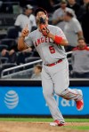 Los Angeles Angels first baseman Albert Pujols celebrates after the Angels' 3-2 win in a baseball game against the New York Yankees on Wednesday, Sept. 18, 2019, in New York. (AP Photo/Frank Franklin II)