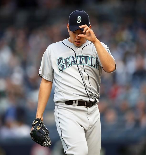 Seattle Mariners starting pitcher Yusei Kikuchi leaves the mound in the third inning of a baseball game against the New York Yankees, Wednesday, May 8, 2019, in New York. (AP Photo/Kathy Willens)