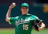Oakland Athletics pitcher Homer Bailey works against the Seattle Mariners in the first inning of a baseball game Wednesday, July 17, 2019, in Oakland, Calif. (AP Photo/Ben Margot)