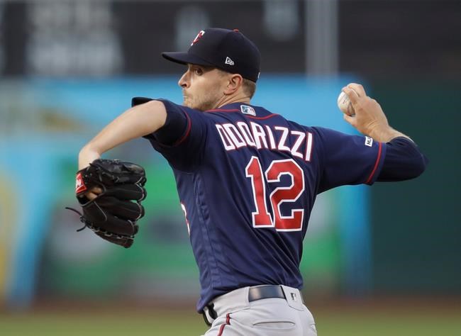 Minnesota Twins pitcher Jake Odorizzi works against the Oakland Athletics in the first inning of a baseball game Tuesday, July 2, 2019, in Oakland, Calif. (AP Photo/Ben Margot)