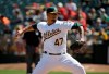 Oakland Athletics starting pitcher Frankie Montas works in the first inning of a baseball game against the Los Angeles Angels, Sunday, March 31, 2019, in Oakland, Calif. (AP Photo/Eric Risberg)