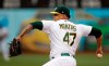 Oakland Athletics pitcher Frankie Montas works against the Seattle Mariners in the first inning of a baseball game Saturday, June 15, 2019, in Oakland, Calif. (AP Photo/Ben Margot)