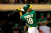 Oakland Athletics' Chad Pinder watches his three-run home run off Texas Rangers' Mike Minor during the second inning of a baseball game Friday, Sept. 20, 2019, in Oakland, Calif. (AP Photo/Ben Margot)