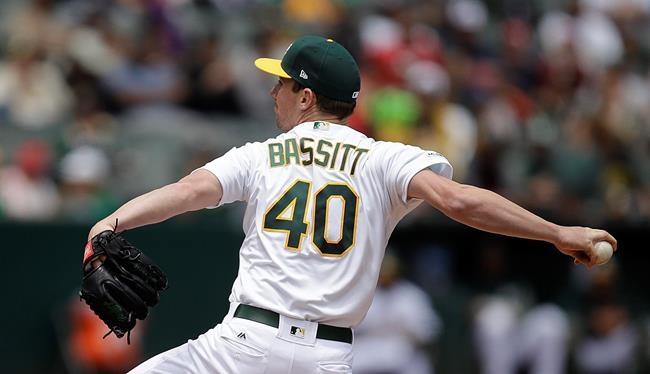 Oakland Athletics pitcher Chris Bassitt works against the Los Angeles Angels in the first inning of a baseball game Monday, May 27, 2019, in Oakland, Calif. (AP Photo/Ben Margot)