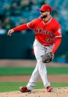 Los Angeles Angels pitcher Cam Bedrosian works against the Oakland Athletics in the first inning of a baseball game Tuesday, May 28, 2019, in Oakland, Calif. (AP Photo/Ben Margot)