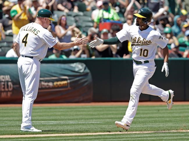 Oakland Athletics' Marcus Semien, right, is congratulated by third base coach Matt Williams (4) after hitting a home run off Texas Rangers pitcher Pedro Payano in the third inning of a baseball game Sunday, July 28, 2019, in Oakland, Calif. (AP Photo/Ben Margot)