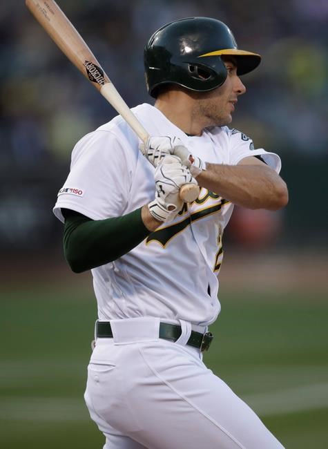 Oakland Athletics' Matt Olson swings for an RBI-double off Baltimore Orioles pitcher Andrew Cashner in the first inning of a baseball game Monday, June 17, 2019, in Oakland, Calif. (AP Photo/Ben Margot)