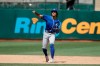 Kansas City Royals shortstop Adalberto Mondesi throws out Oakland Athletics' Sean Murphy at first base during the third inning of a baseball game in Oakland, Calif., Wednesday, Sept. 18, 2019. (AP Photo/Jeff Chiu)