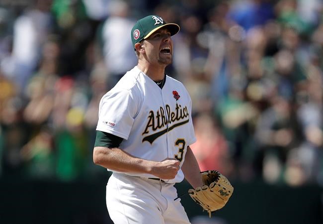 Oakland Athletics' Blake Treinen reacts as the final out is made against the Los Angeles Angels at the end of a baseball game Monday, May 27, 2019, in Oakland, Calif. (AP Photo/Ben Margot)