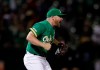 Oakland Athletics' Liam Hendriks reacts as the final out is made against the Chicago White Sox in a baseball game Friday, July 12, 2019, in Oakland, Calif. The Athletics won 5-1. (AP Photo/Ben Margot)
