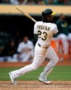 Oakland Athletics' Jurickson Profar swings for a two-run single off Seattle Mariners' Wade LeBlanc in the fourth inning of a baseball game Saturday, June 15, 2019, in Oakland, Calif. (AP Photo/Ben Margot)