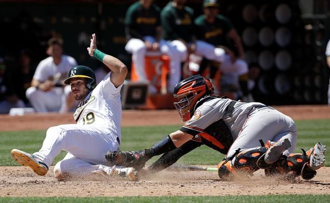 Oakland Athletics' Josh Phegley, left, slides past Baltimore Orioles catcher Chance Sisco to score during the seventh inning of a baseball game in Oakland, Calif., Wednesday, June 19, 2019. (AP Photo/Jeff Chiu)