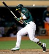 Oakland Athletics' Ramon Laureano is hit by a pitch thrown by Texas Rangers' Rafael Montero in the eighth inning of a baseball game Saturday, July 27, 2019, in Oakland, Calif. (AP Photo/Ben Margot)