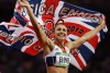 Britain's Jessica Ennis celebrates winning gold following the 800-meter heptathlon during the athletics in the Olympic Stadium at the 2012 Summer Olympics, London, Saturday, Aug. 4, 2012. (AP Photo/Anja Niedringhaus)