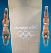 Thomas Daley, right, and Peter Waterfield of Great Britain compete during the Men's Synchronized 10 Meter Platform Diving final at the Aquatics Centre in the Olympic Park during the 2012 Summer Olympics in London, Monday, July 30, 2012. (AP Photo/Christophe Ena)