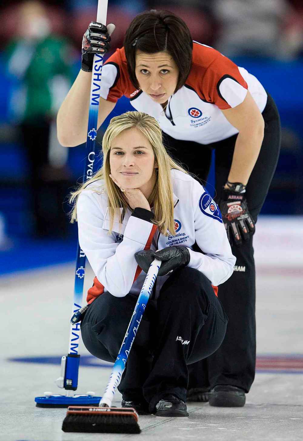 THE CANADIAN PRESS/Nathan Denette
Skip Jennifer Jones, bottom and second Jill Officer, top, during the 2010 Scotties Tournament of Hearts. The two curlers have one of the sports most enduring partnerships.