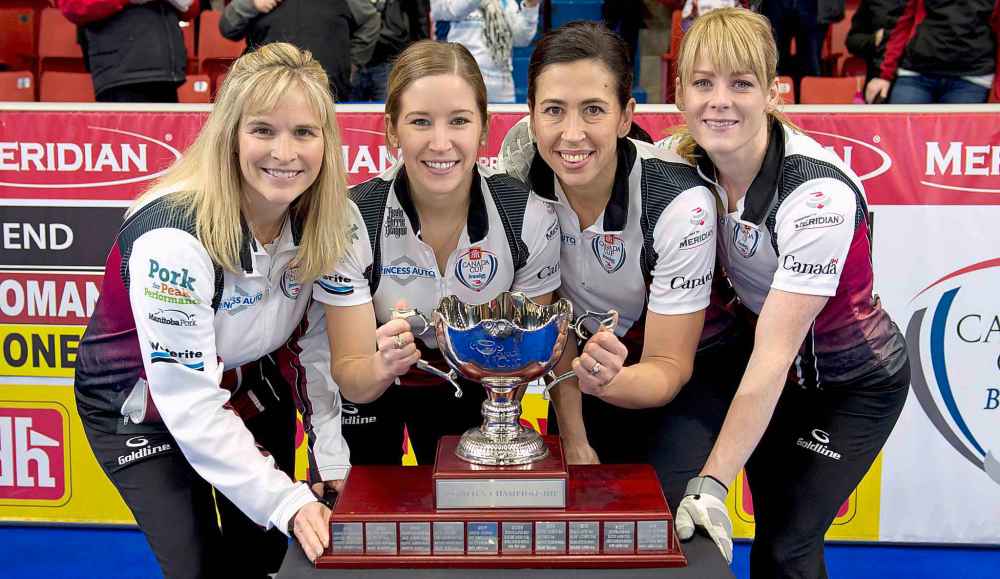 THE CANADIAN PRESS/HO - Michael Burns
Team Jones pose with the trophy after defeating Team Homan at the Canada Cup of Curling final in Brandon, Man., in 2016.