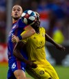 FC Cincinnati defender Andrew Gurman fights for the ball with Columbus Crew forward Gyasi Zerdes (11) in the second half of the MLS soccer match on Sunday, Aug. 25, 2019, in Cincinnati. (Albert Cesare/The Cincinnati Enquirer via AP)