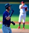 Minnesota Twins' Max Kepler celebrates after hitting a solo home run off Cleveland Indians starting pitcher Trevor Bauer in the first inning of a baseball game, Saturday, July 13, 2019, in Cleveland. (AP Photo/David Dermer)