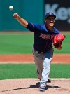 Minnesota Twins starting pitcher Jose Berrios delivers in the first inning of a baseball game against the Cleveland Indians, Sunday, July 14, 2019, in Cleveland. (AP Photo/David Dermer)