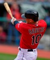 Cleveland Indians' Jake Bauers hits a double off Toronto Blue Jays starting pitcher Marcus Stroman in the first inning of a baseball game, Sunday, April 7, 2019, in Cleveland. (AP Photo/David Dermer)