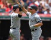 New York Yankees' Brett Gardner, right, is congratulated by Clint Frazier after hitting a 2-run home run off Cleveland Indians starting pitcher Shane Bieber in the second inning of a baseball game, Sunday, June 9, 2019, in Cleveland. (AP Photo/David Dermer)
