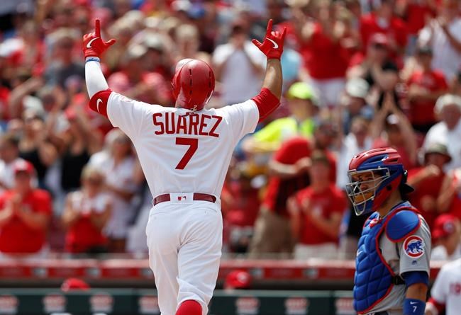 Cincinnati Reds' Eugenio Suarez (7) reacts as he crosses the plate with a solo home run off Chicago Cubs starting pitcher Jon Lester during the fifth inning of a baseball game, Sunday, Aug. 11, 2019, in Cincinnati. Cubs catcher Victor Caratini, right, looks on, (AP Photo/Gary Landers)
