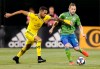 Columbus Crew's Artur, left, chases Seattle Sounders' Harry Shipp during the second half of an MLS soccer match Saturday, July 6, 2019, in Columbus, Ohio. The Sounders won 2-1. (AP Photo/Jay LaPrete)