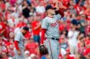 Washington Nationals starting pitcher Patrick Corbin reacts in the first inning of a baseball game against the Cincinnati Reds, Friday, May 31, 2019, in Cincinnati. (AP Photo/John Minchillo)